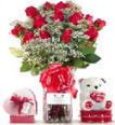 Teddy Bear with a 24 Red Roses Bouquet and a Heart